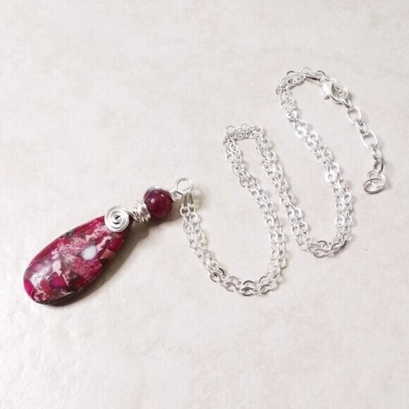 Hot Pink & Rose Pink Sea Sediment Jasper Pendant Necklace! Mature Femininity - Picture 1 of 7